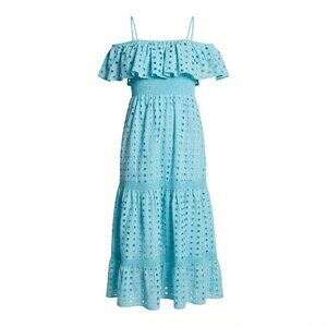 T Tahari Women's Eyelet Midi Dress – Blue Haze, Size M | Elegant Cotton Summer